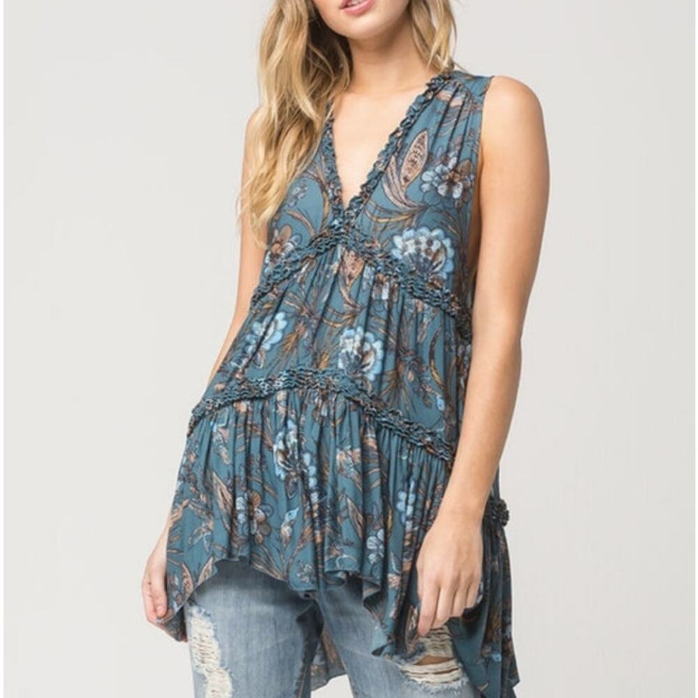 Free People Blue Haze Floral Tunic Top Boho Sleeveless Size S